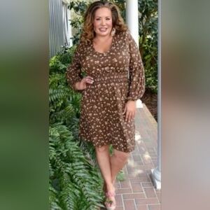 NWT Perfectly Priscilla Elegant Brown Floral Long Sleeve Dress PTP 23 Length 35